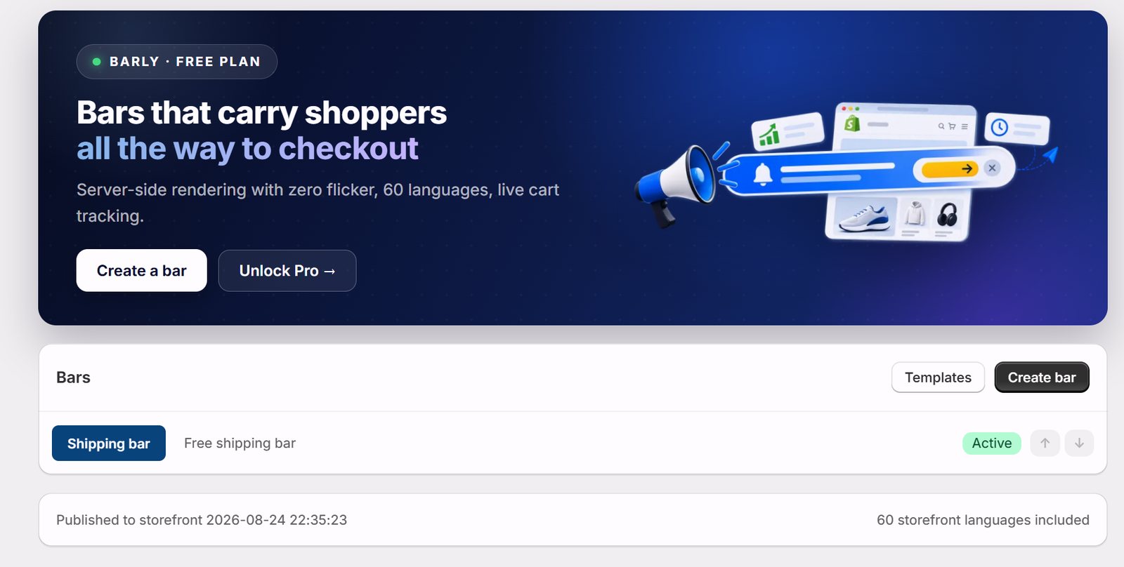 Barly dashboard inside the Shopify admin, with the bar list and the visual editor hero